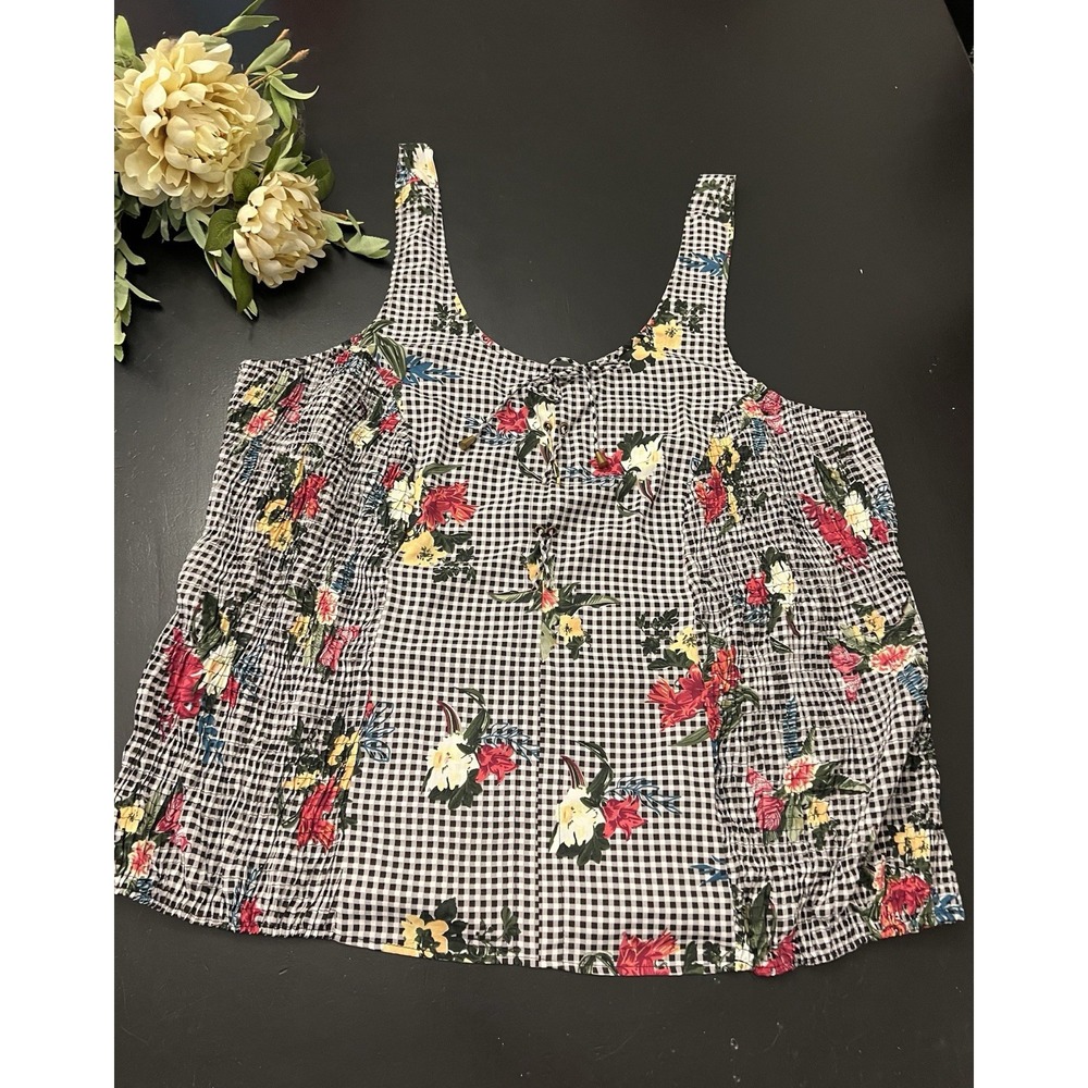 Speed Limit Black Gingham Floral Lace Up Smocked Sleeveless Blouse Sz 3X As Is